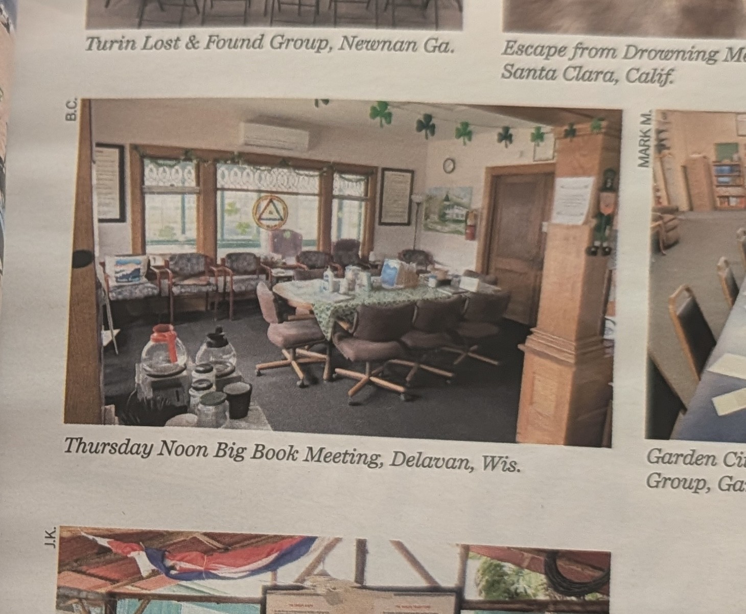 Grapevine page featuring the Thursday Noon Big Book Meeting in Delavan